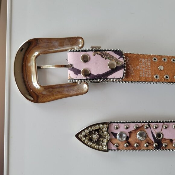 Blazin Roxx Ladies Rhinestone Pink & Brown Studded Leather Belt (Size: XL) - Picture 12 of 13